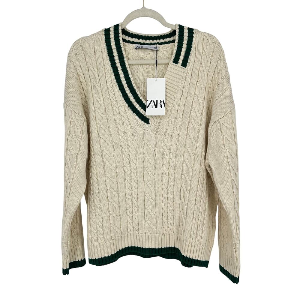 Zara Women’s Cable Knit Sweater Size L Ecru Green Striped Preppy Tennis